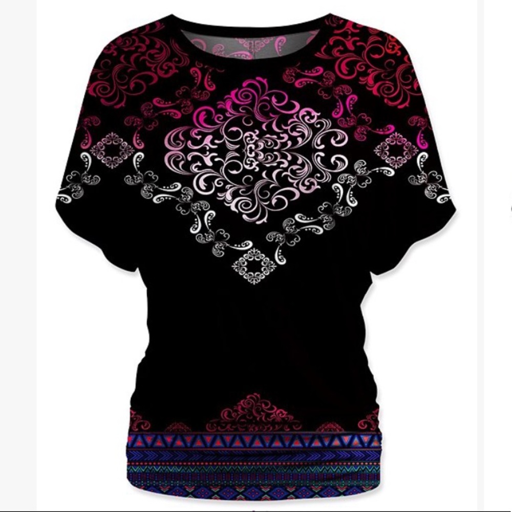 Black and fuchsia damask ruched-hem dolman top